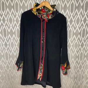 Opera Topper Coat Jacket Tunic Black & Floral W/ Red Trim Ruffle Collar Med / Lg